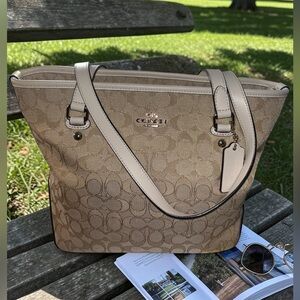 Coach Signature Jacquard Zip Top Tote Khaki Ivory Leather Trim Shoulder Bag